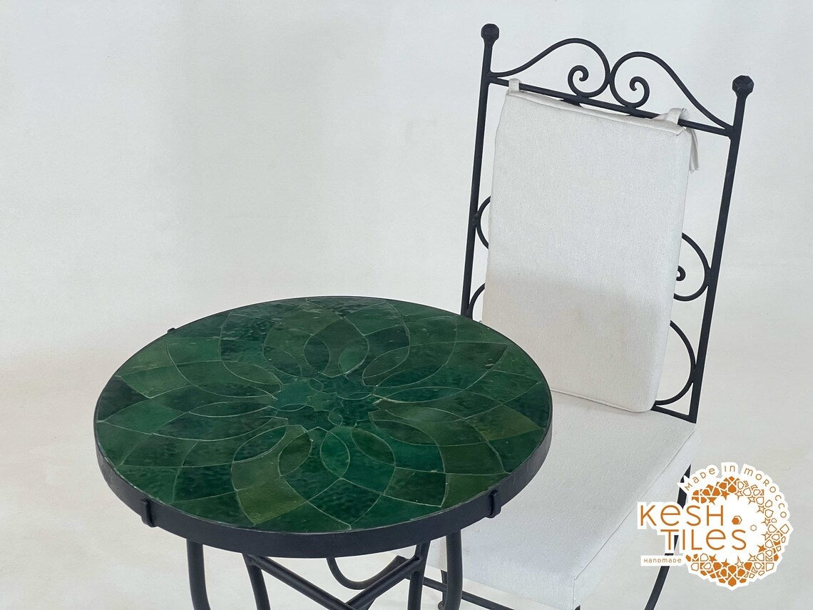 Tighremt - Round Seaweed Green Flower Mosaic Table, Handmade Moroccan Zellige Patio Table