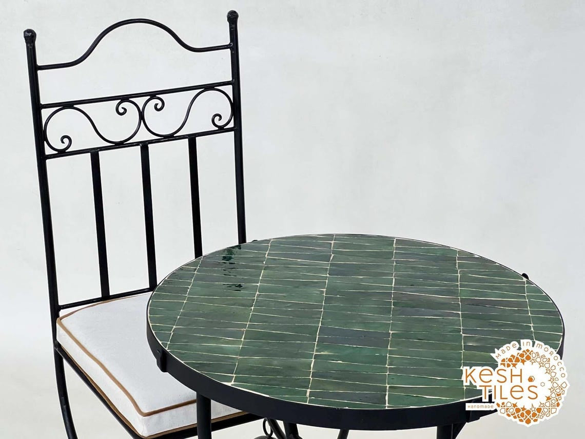 Noor- Green Tamegroute Mosaic Table, Round Handmade Moroccan Table