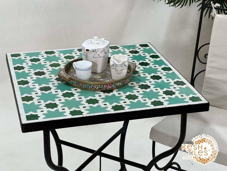 Ouarzaz - Emerald Aqua Mosaic Table, Round Handmade Moroccan Zellige Table