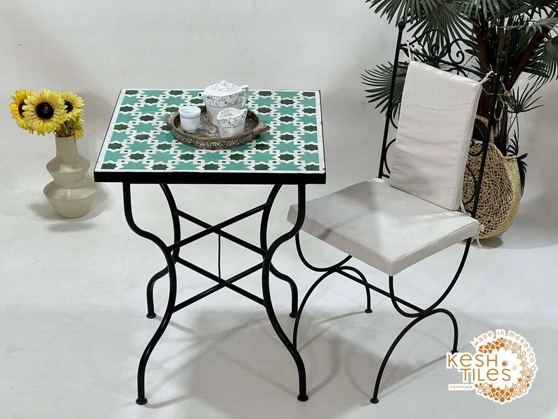 Ouarzaz - Emerald Aqua Mosaic Table, Round Handmade Moroccan Zellige Table