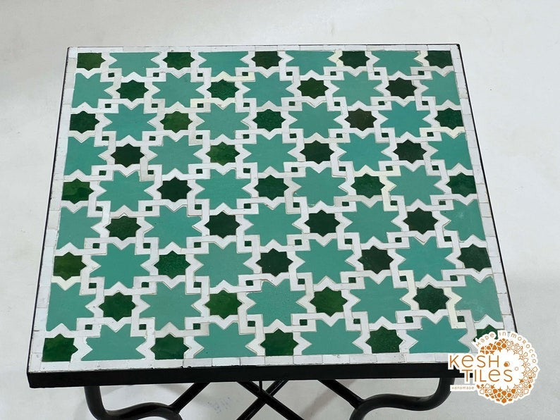 Ouarzaz - Emerald Aqua Mosaic Table, Round Handmade Moroccan Zellige Table