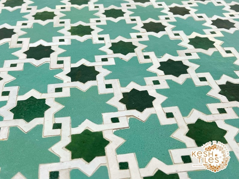 Ouarzaz - Emerald Aqua Mosaic Table, Round Handmade Moroccan Zellige Table