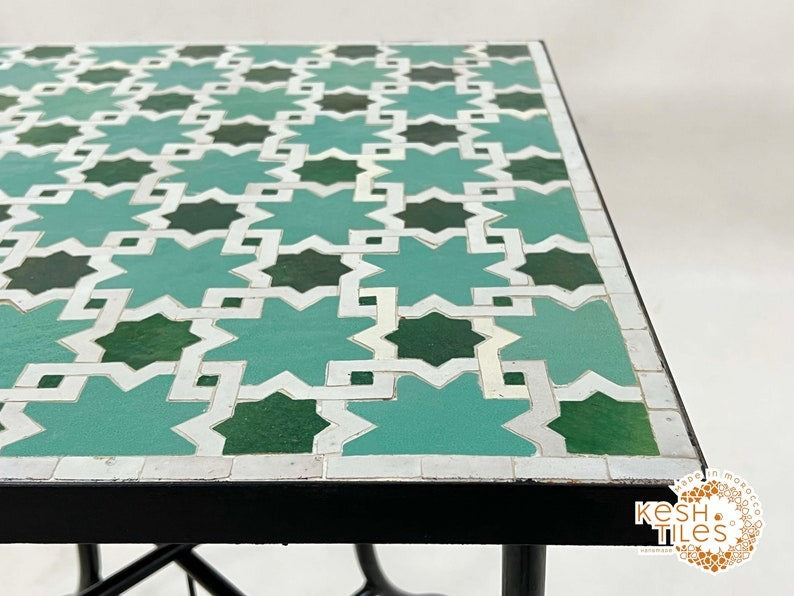 Ouarzaz - Emerald Aqua Mosaic Table, Round Handmade Moroccan Zellige Table