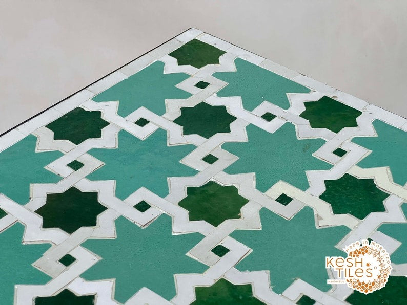 Ouarzaz - Emerald Aqua Mosaic Table, Round Handmade Moroccan Zellige Table