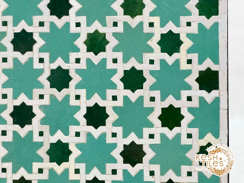 Ouarzaz - Emerald Aqua Mosaic Table, Round Handmade Moroccan Zellige Table