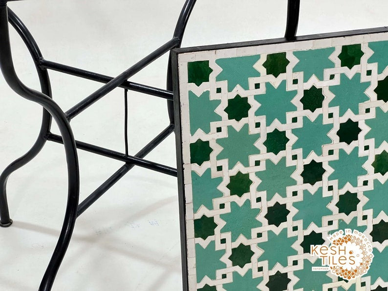 Ouarzaz - Emerald Aqua Mosaic Table, Round Handmade Moroccan Zellige Table