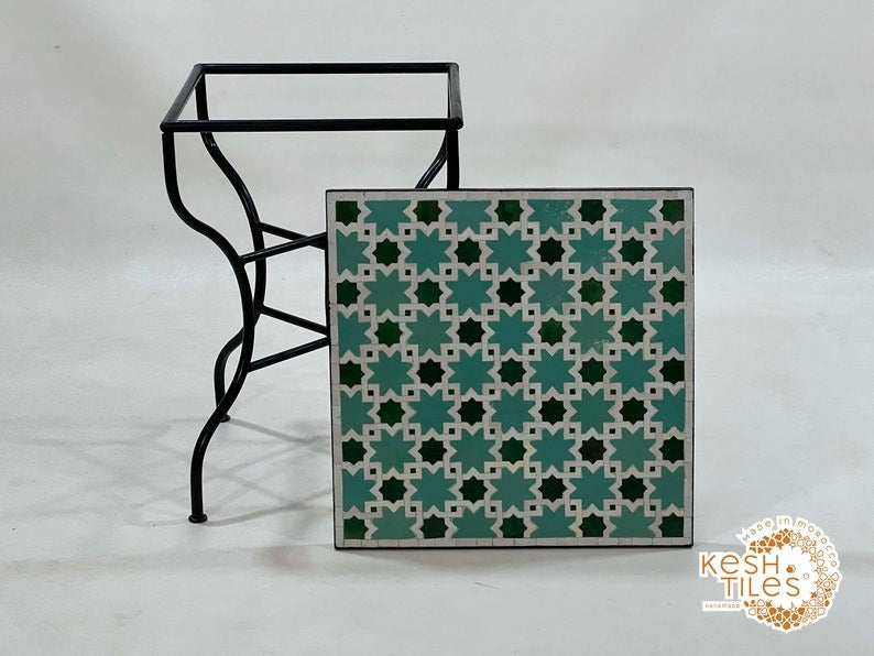 Ouarzaz - Emerald Aqua Mosaic Table, Round Handmade Moroccan Zellige Table