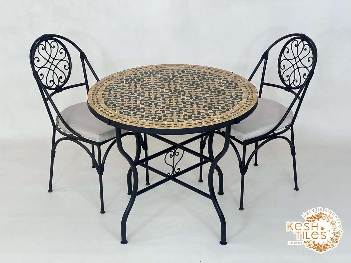 Ghita - Round Yellow and Green Mosaic Table, Moroccan Zellige Patio Coffee Table