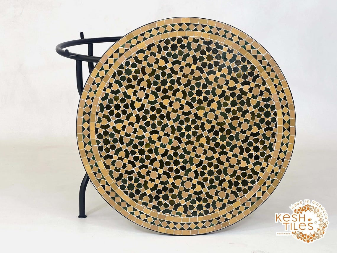 Ghita - Round Yellow and Green Mosaic Table, Moroccan Zellige Patio Coffee Table