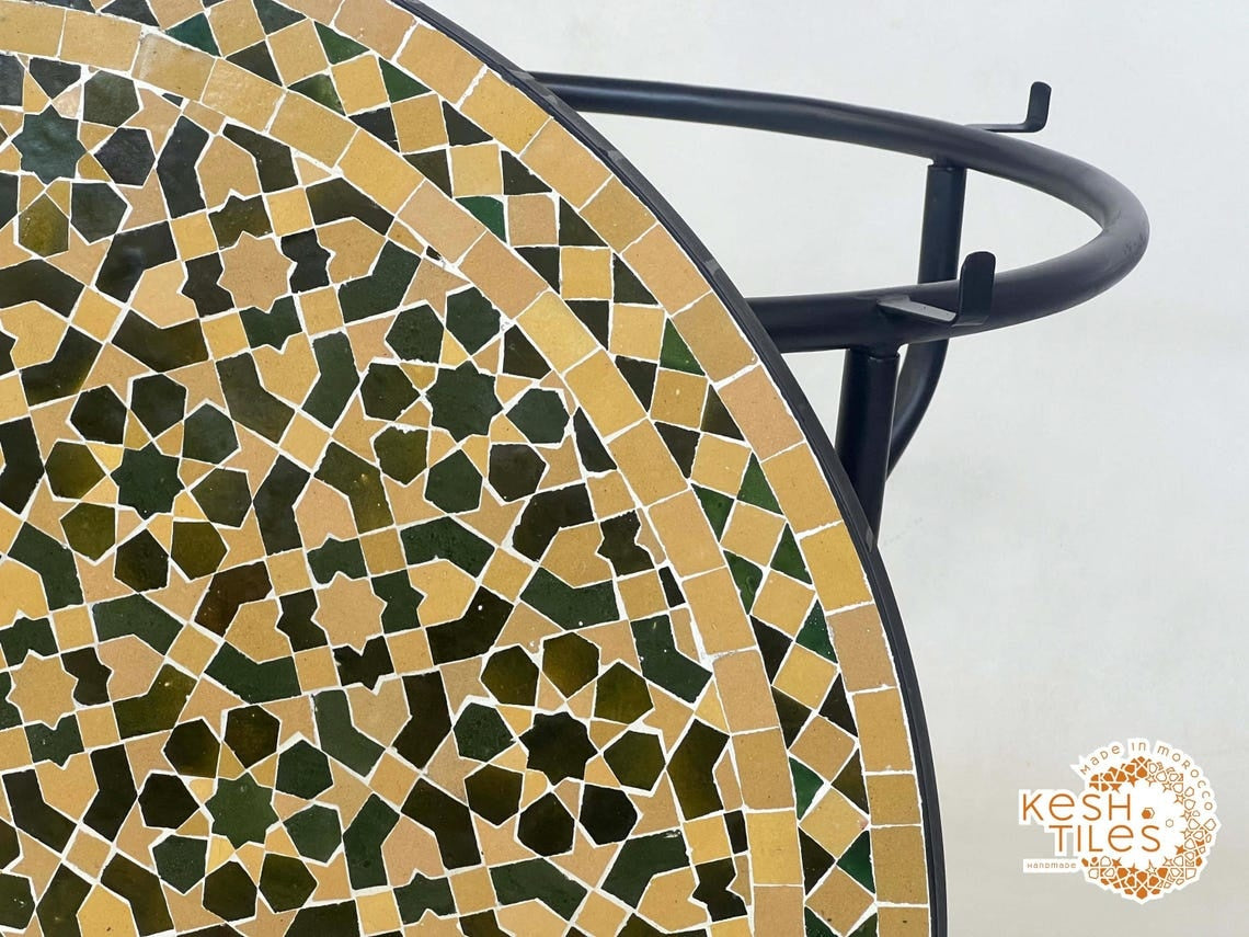 Ghita - Round Yellow and Green Mosaic Table, Moroccan Zellige Patio Coffee Table