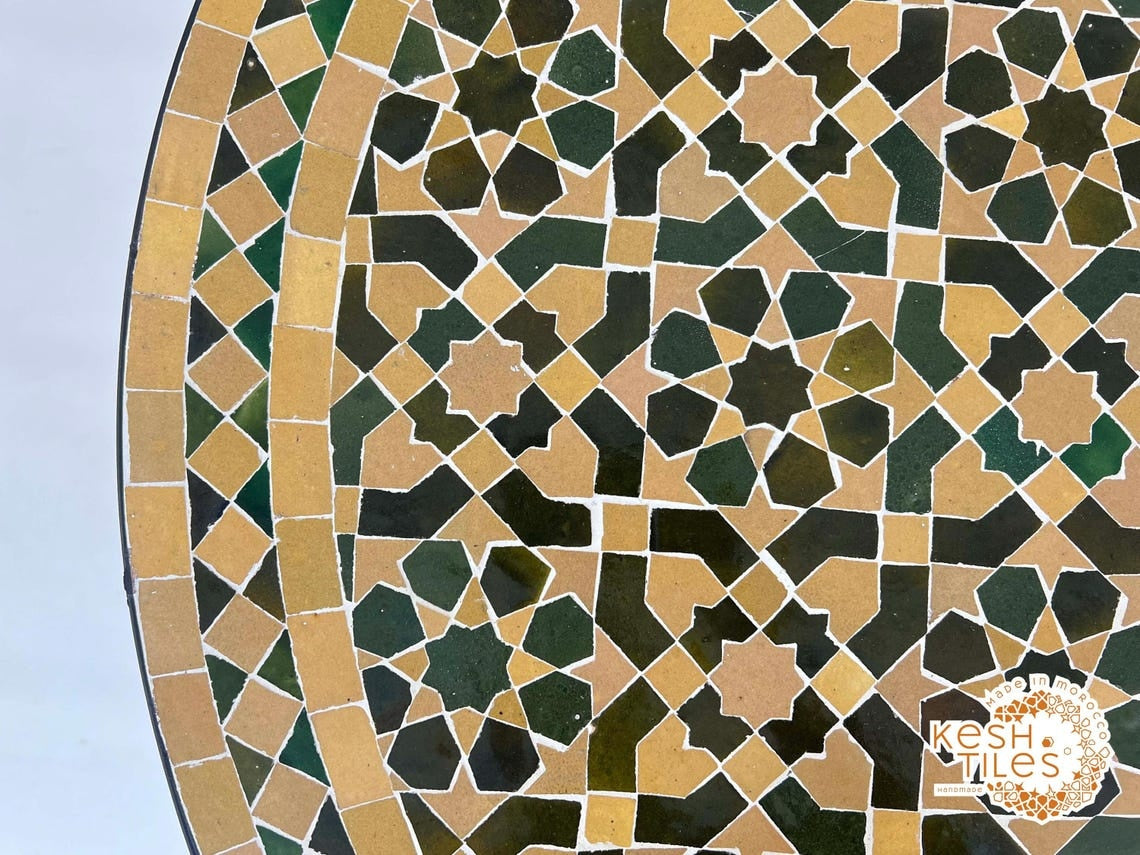 Ghita - Round Yellow and Green Mosaic Table, Moroccan Zellige Patio Coffee Table