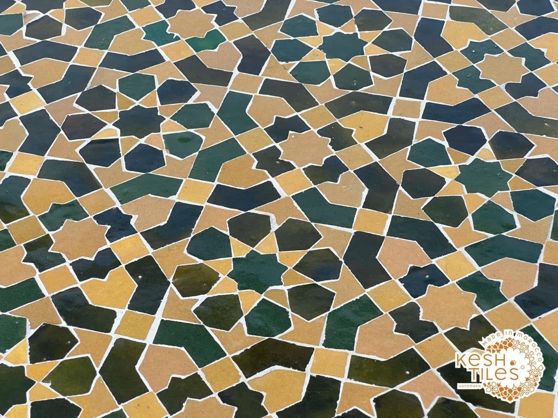 Ghita - Round Yellow and Green Mosaic Table, Moroccan Zellige Patio Coffee Table