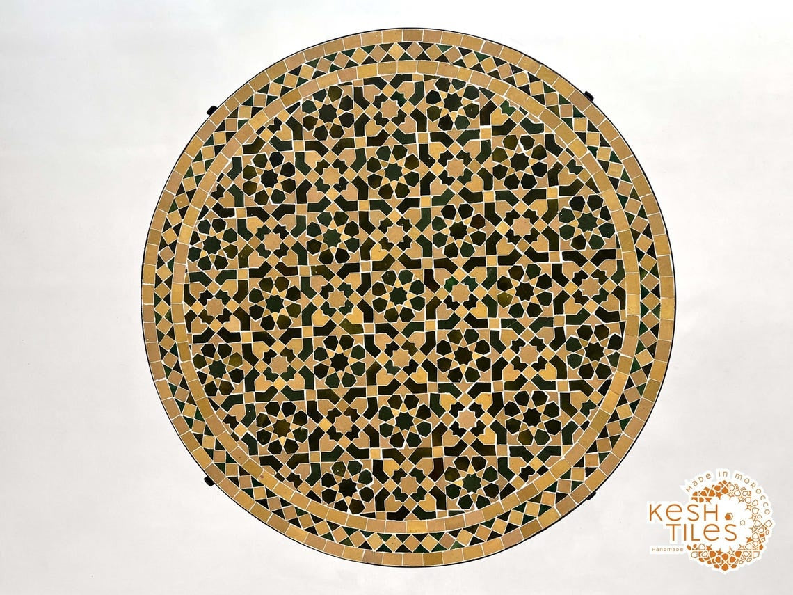 Ghita - Round Yellow and Green Mosaic Table, Moroccan Zellige Patio Coffee Table