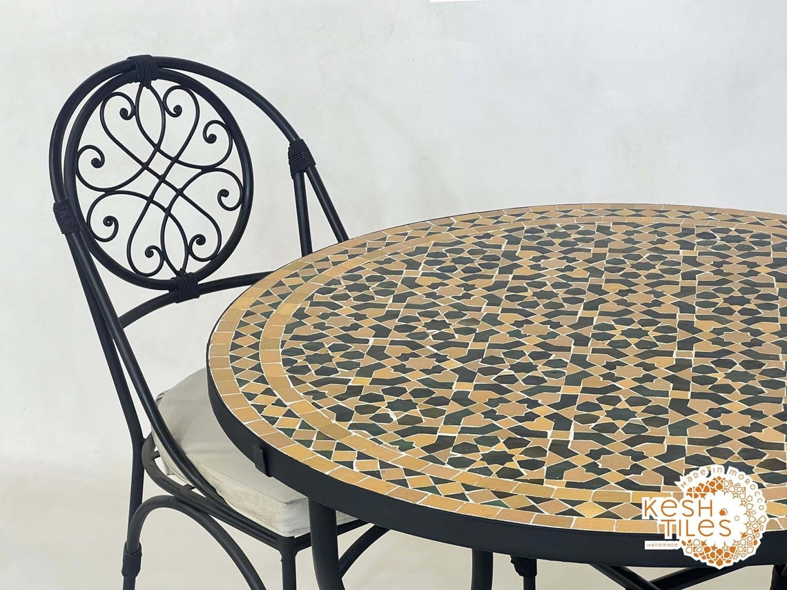 Ghita - Round Yellow and Green Mosaic Table, Moroccan Zellige Patio Coffee Table