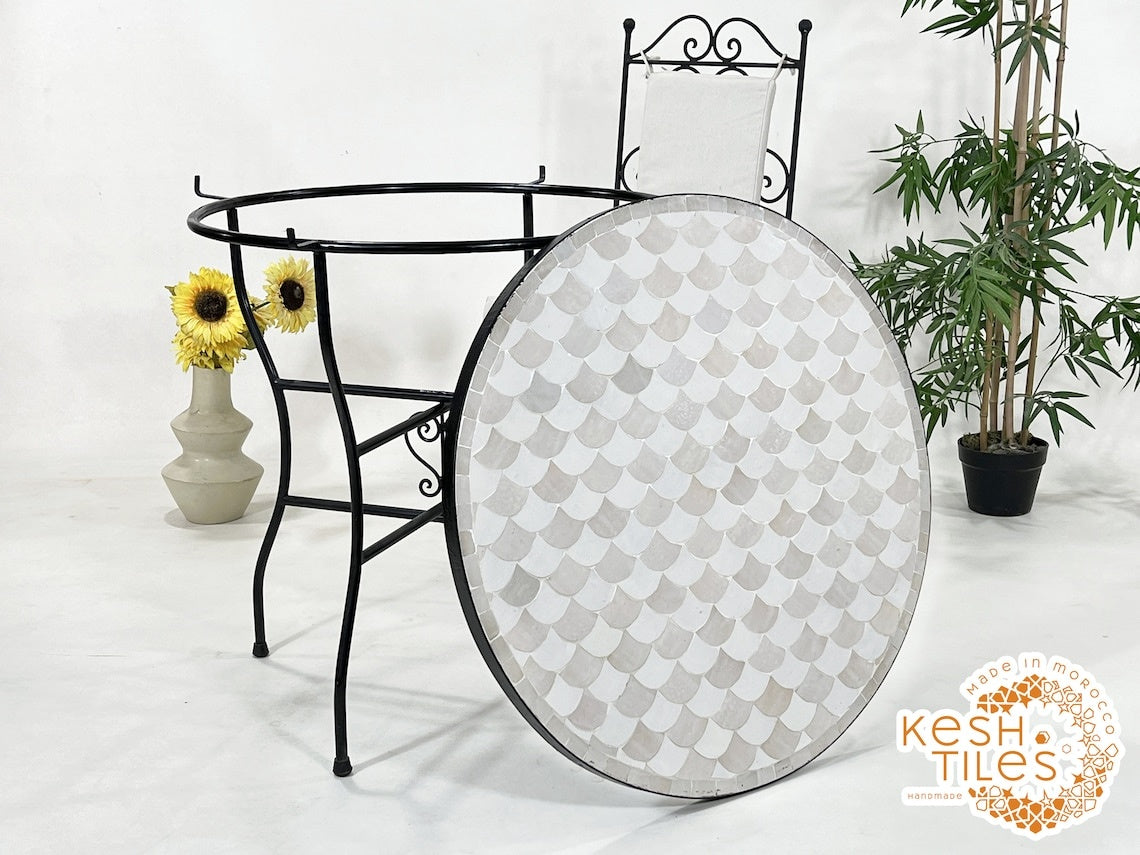 Kawtar - Off-White and Beige Mosaic Table, Round Fish-Scale Tile