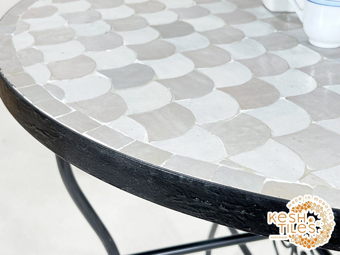 Kawtar - Off-White and Beige Mosaic Table, Round Fish-Scale Tile