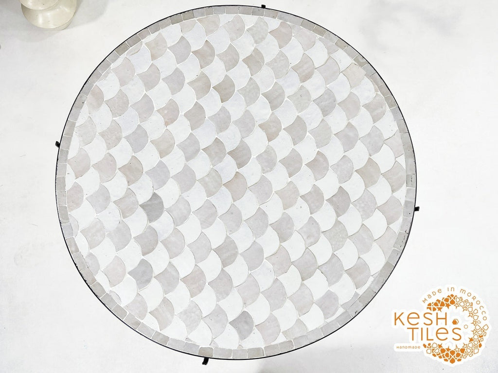 Kawtar - Off-White and Beige Mosaic Table, Round Fish-Scale Tile