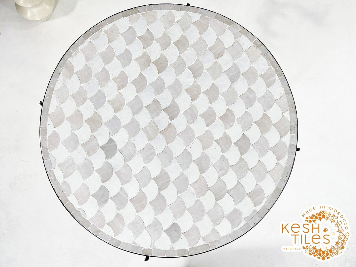Kawtar - Off-White and Beige Mosaic Table, Round Fish-Scale Tile