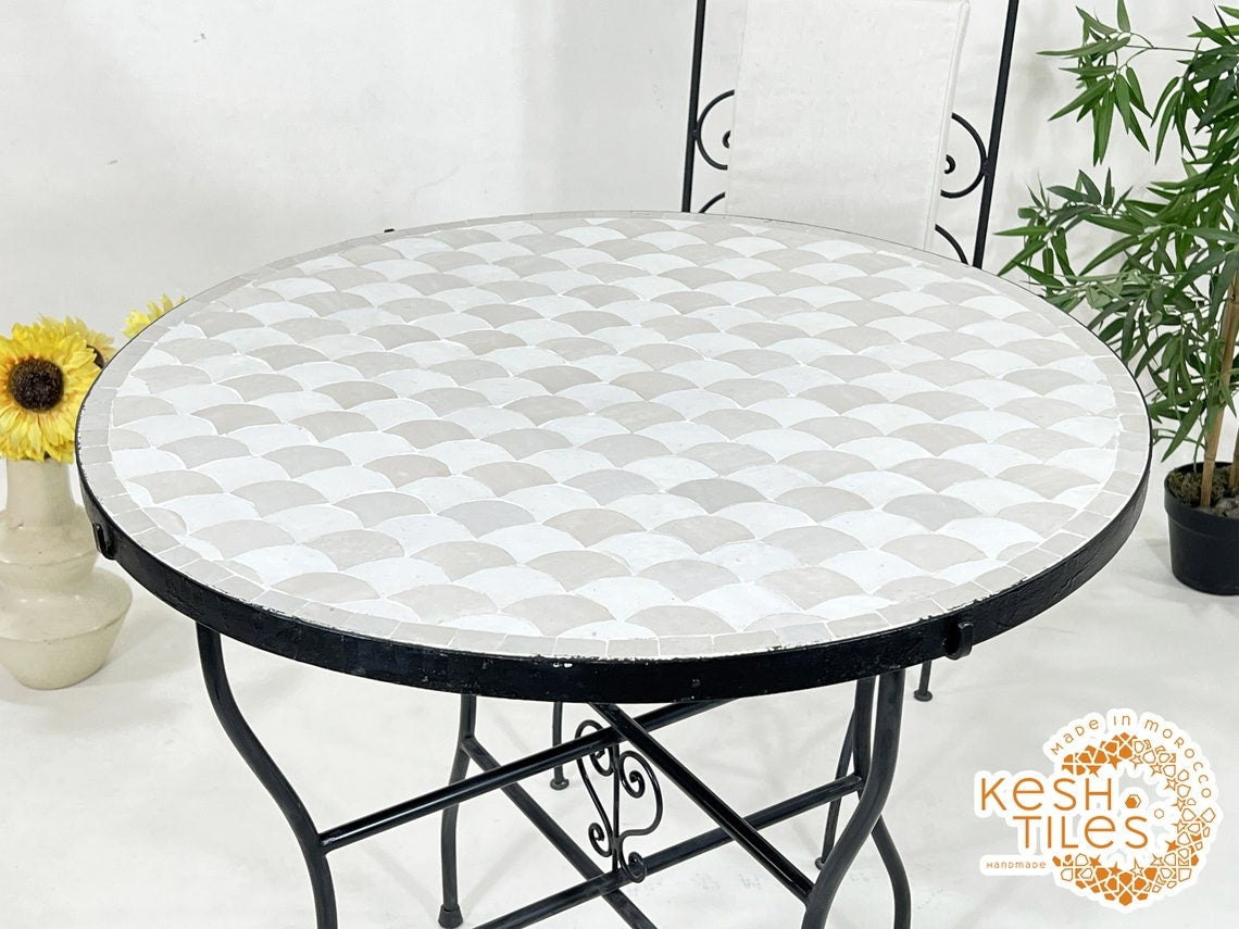 Kawtar - Off-White and Beige Mosaic Table, Round Fish-Scale Tile