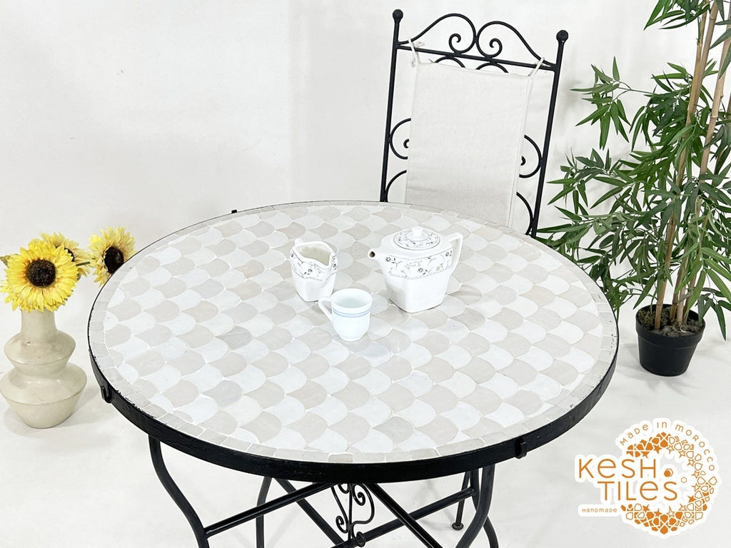 Kawtar - Off-White and Beige Mosaic Table, Round Fish-Scale Tile