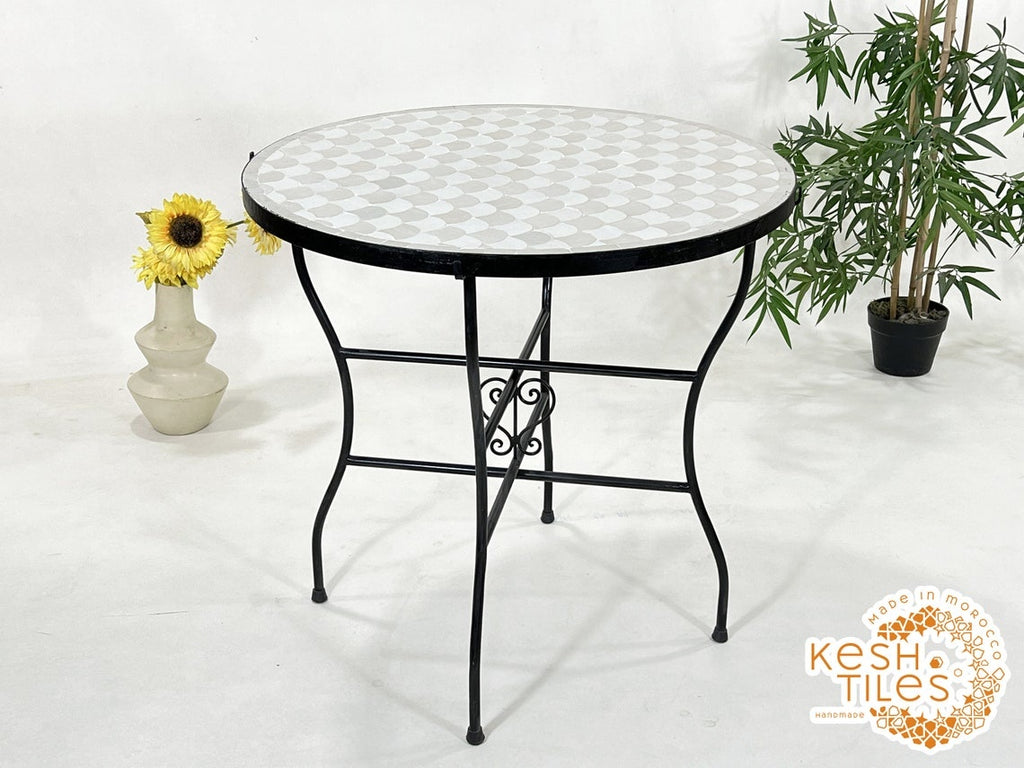 Kawtar - Off-White and Beige Mosaic Table, Round Fish-Scale Tile