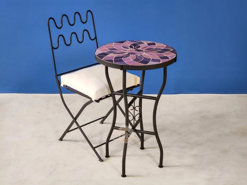 Ourtane - Purple Mosaic Table, Lavender Flower Design Moroccan Patio Table