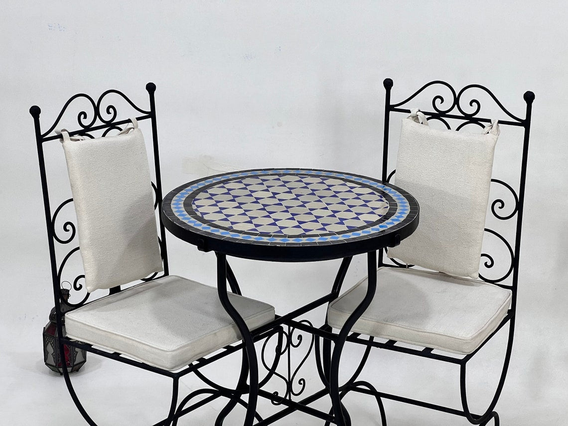 Zahra - Teal and Cyan Blue Mosaic Table, Round Handmade Moroccan Table