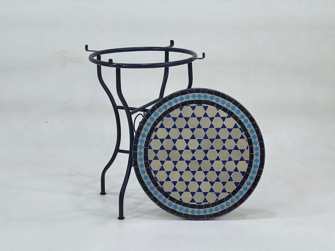 Zahra - Teal and Cyan Blue Mosaic Table, Round Handmade Moroccan Table
