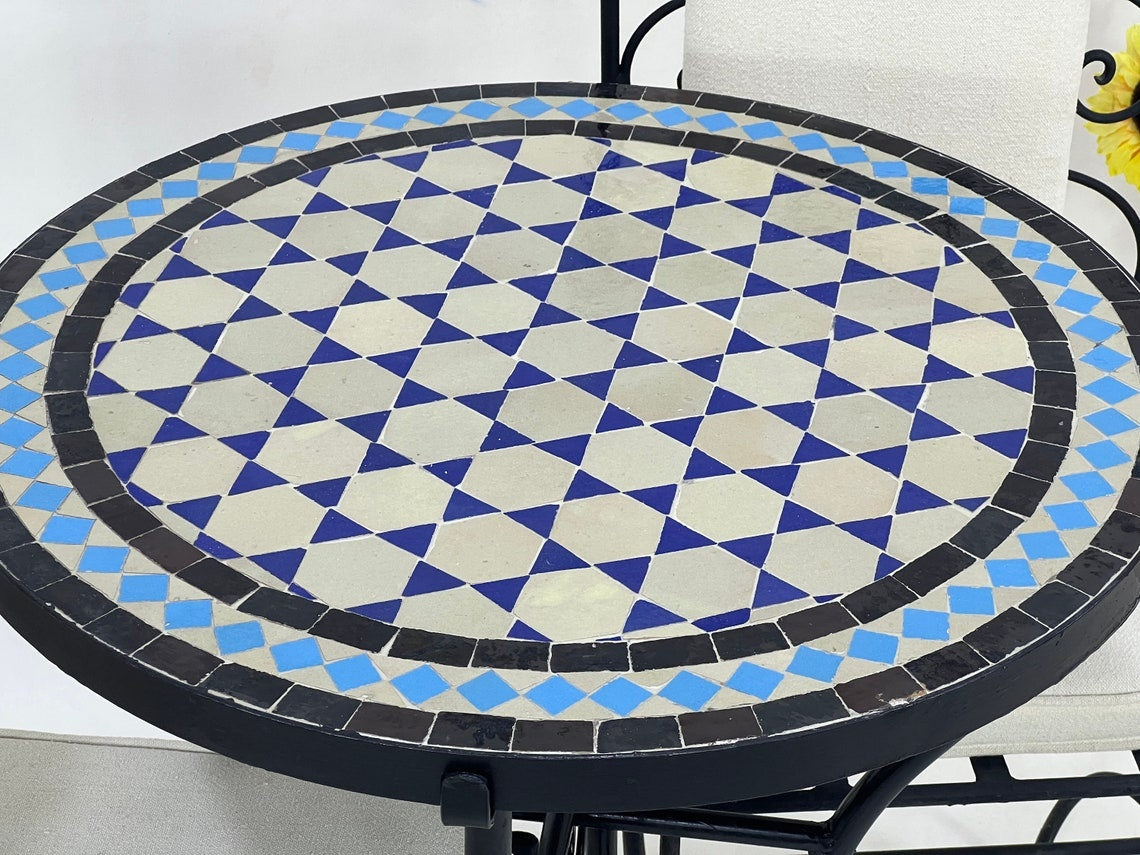 Zahra - Teal and Cyan Blue Mosaic Table, Round Handmade Moroccan Table