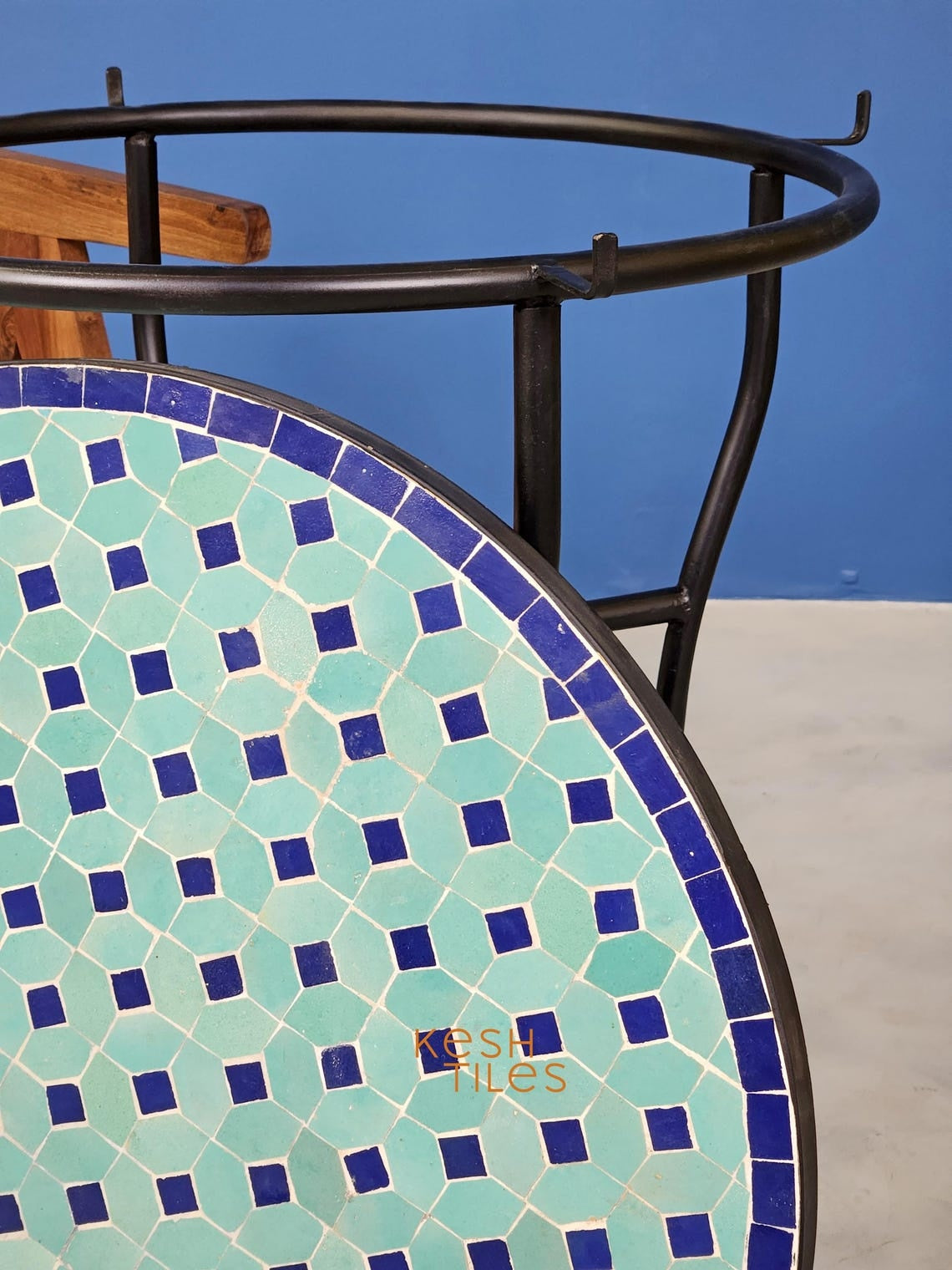Massyla - Round Mosaic Table, Turquoise and Navy Handmade Zellige Table