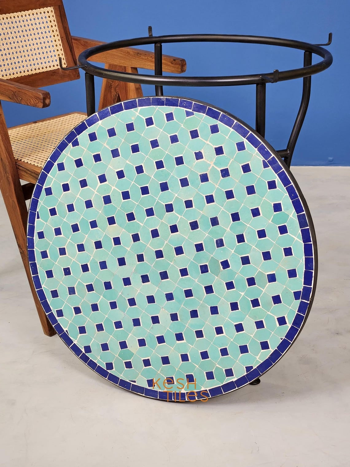 Massyla - Round Mosaic Table, Turquoise and Navy Handmade Zellige Table