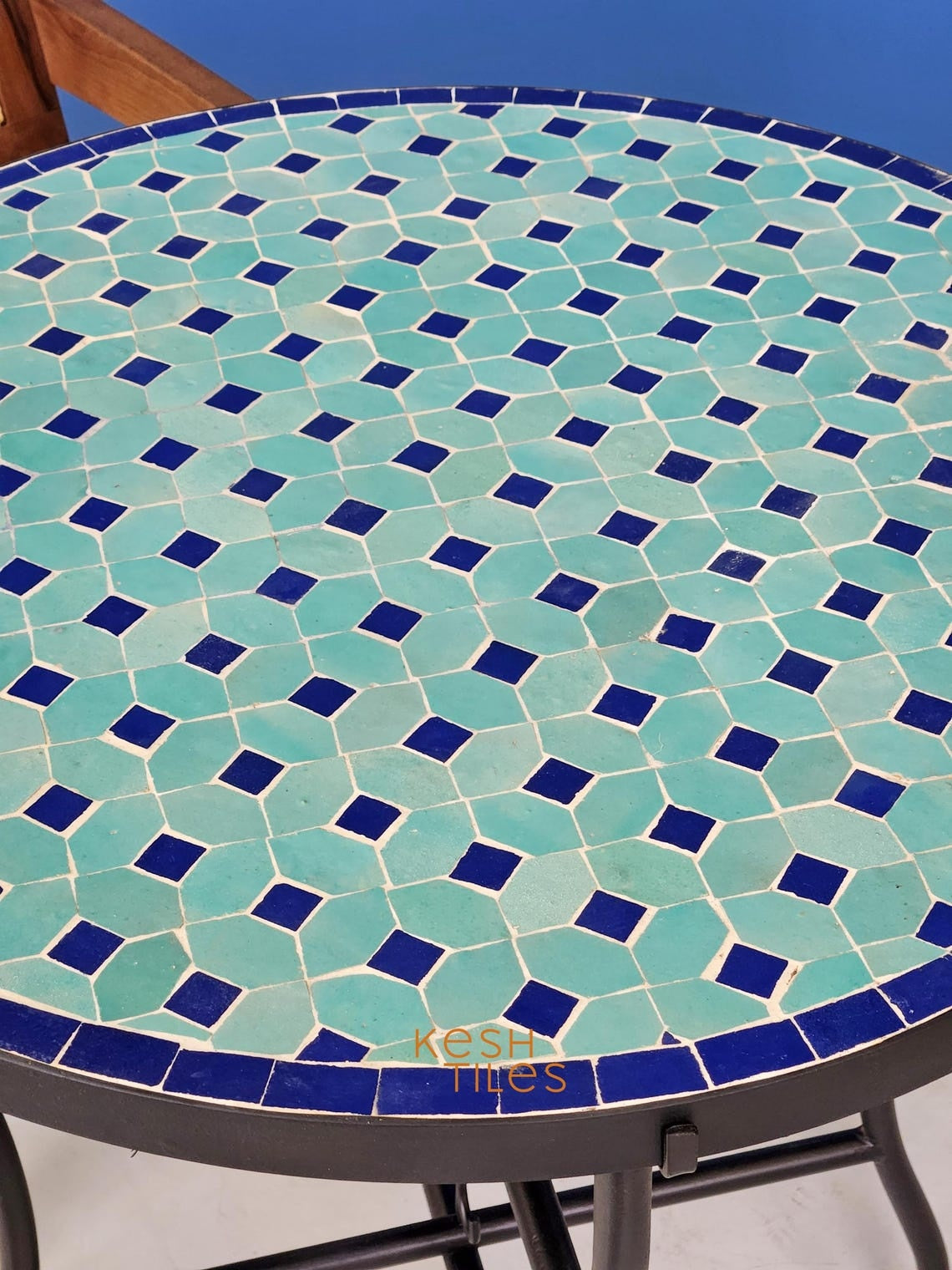 Massyla - Round Mosaic Table, Turquoise and Navy Handmade Zellige Table