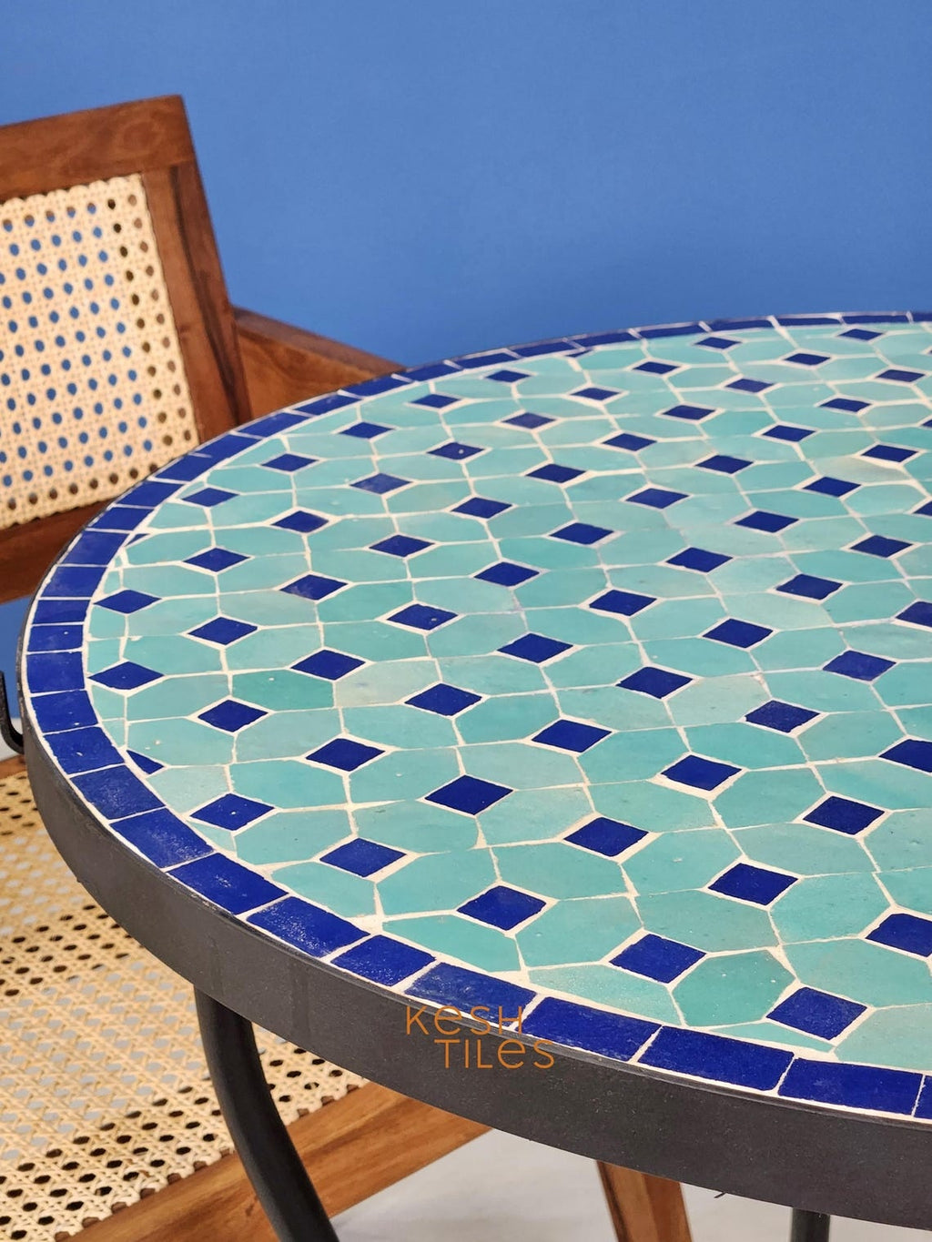 Massyla - Round Mosaic Table, Turquoise and Navy Handmade Zellige Table