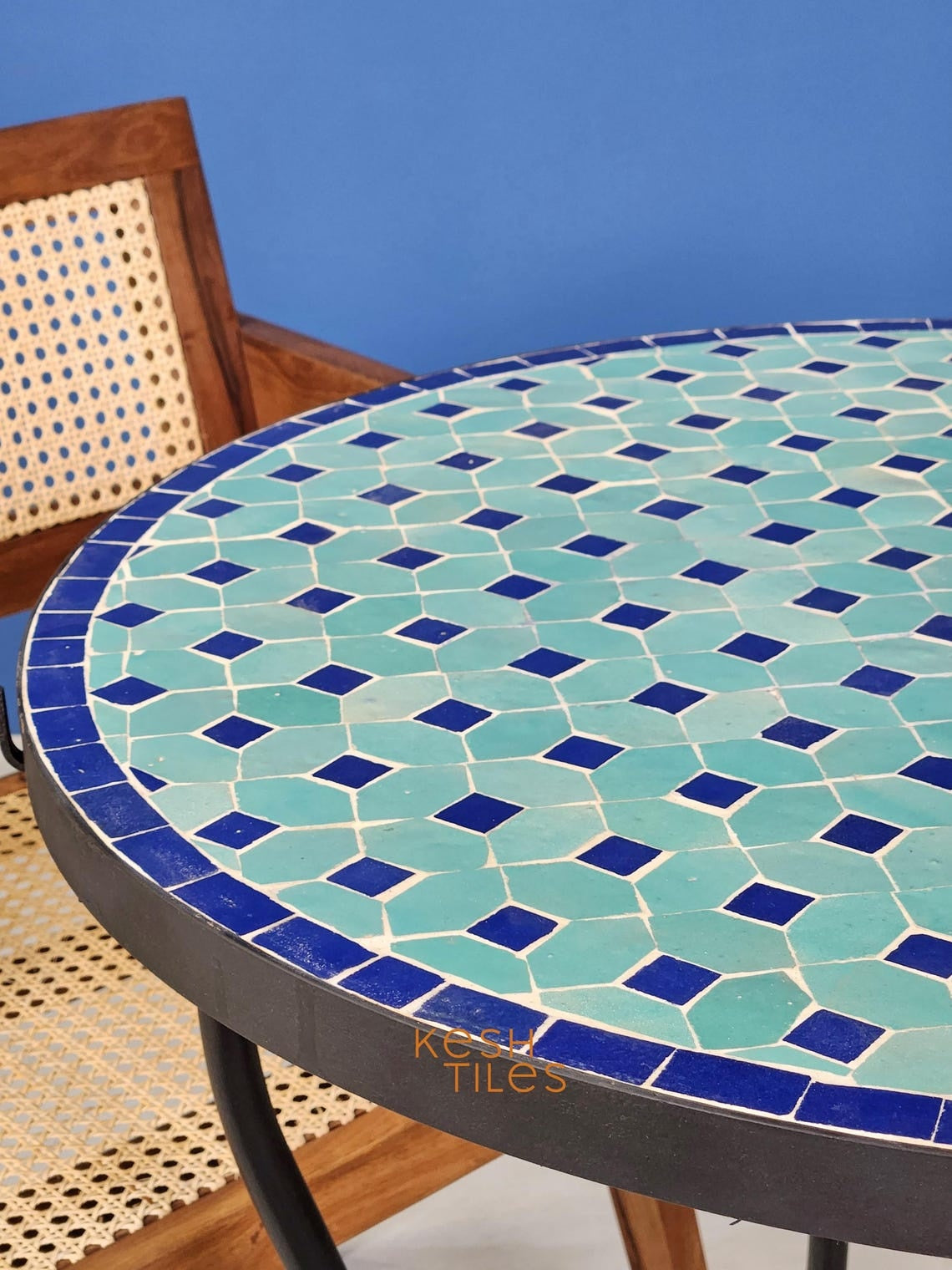 Massyla - Round Mosaic Table, Turquoise and Navy Handmade Zellige Table