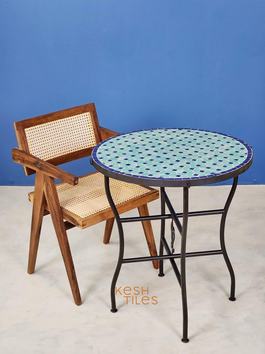 Massyla - Round Mosaic Table, Turquoise and Navy Handmade Zellige Table