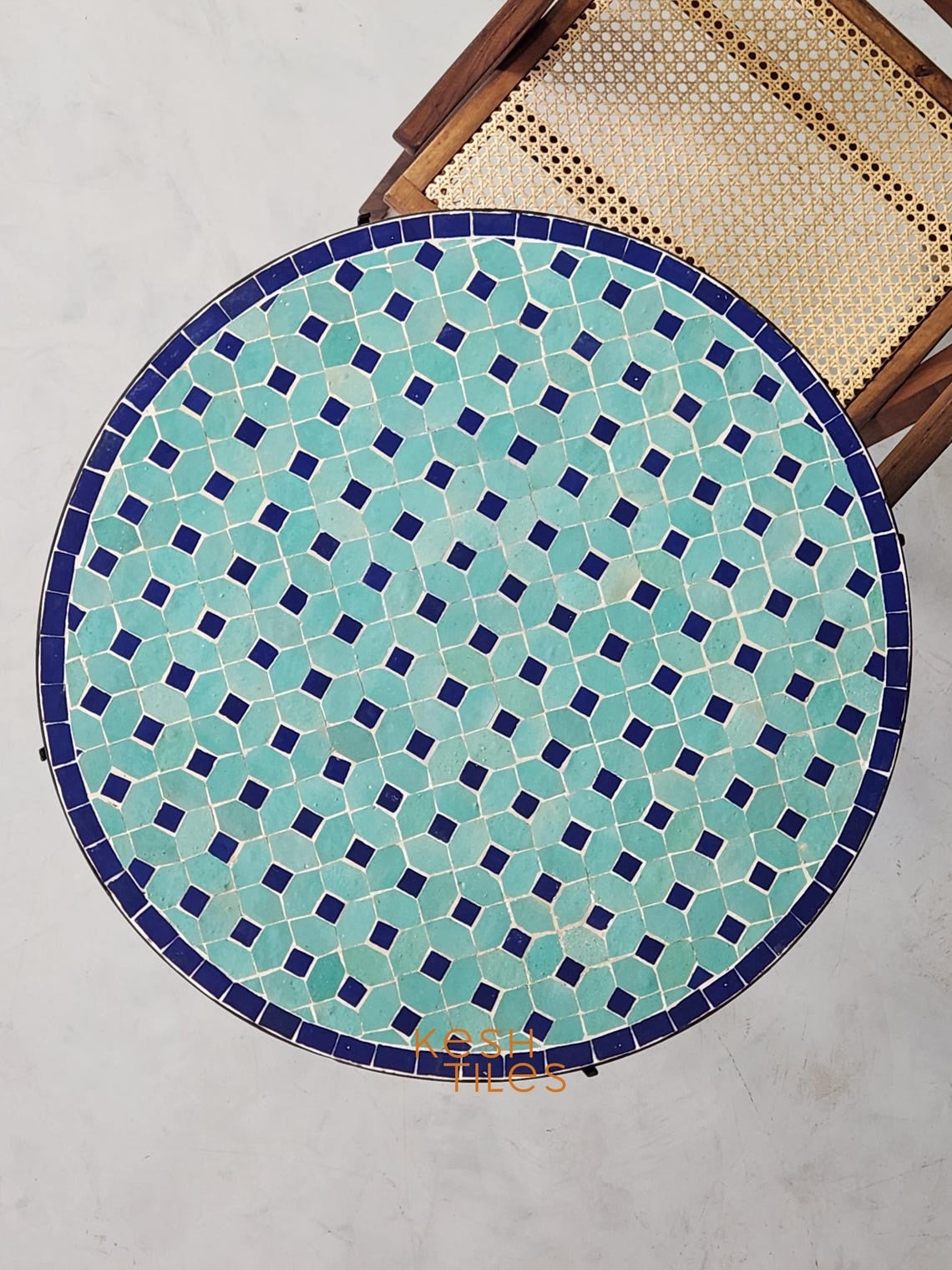 Massyla - Round Mosaic Table, Turquoise and Navy Handmade Zellige Table