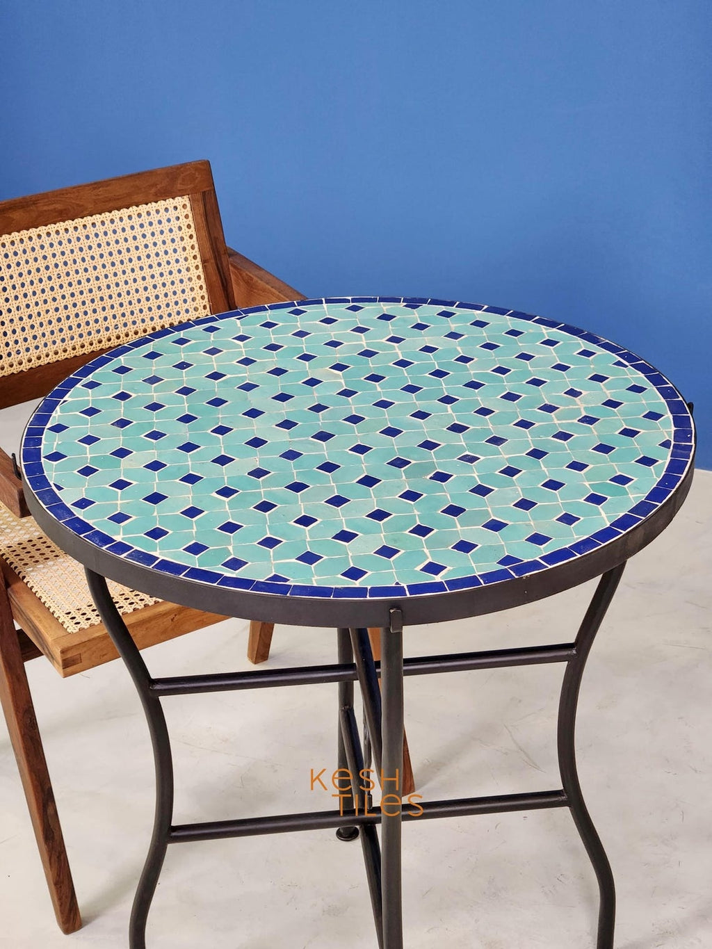 Massyla - Round Mosaic Table, Turquoise and Navy Handmade Zellige Table
