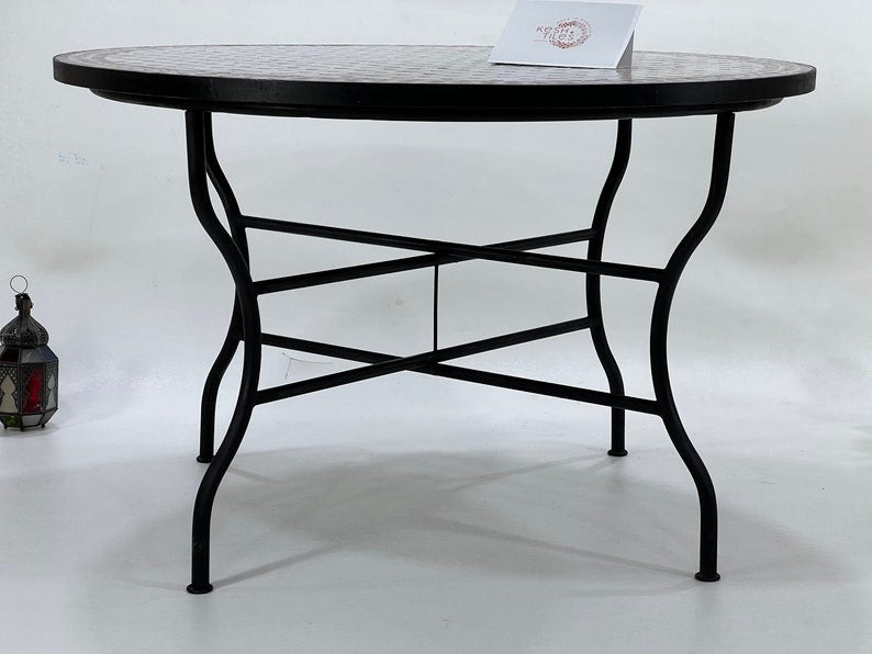 Meriem - Round Mosaic Table, White and red Moroccan Zellige Patio Table