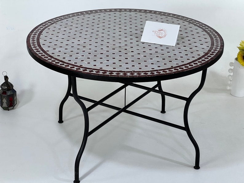 Meriem - Red and Off White Mosaic Table, Moroccan Zellij Handmade Round Table
