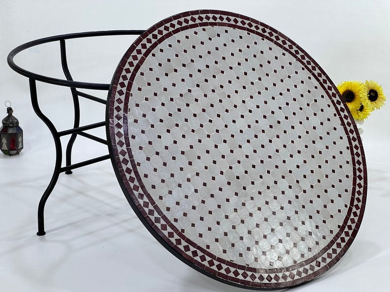 Meriem - Red and Off White Mosaic Table, Moroccan Zellij Handmade Round Table