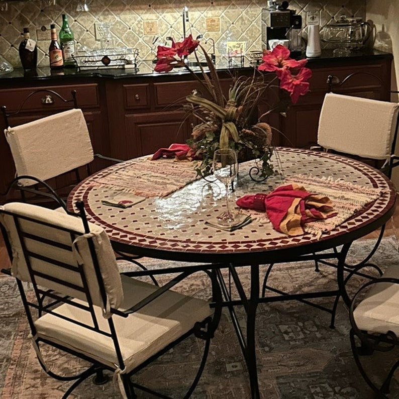 Meriem - Red and Off White Mosaic Table, Moroccan Zellij Handmade Round Table