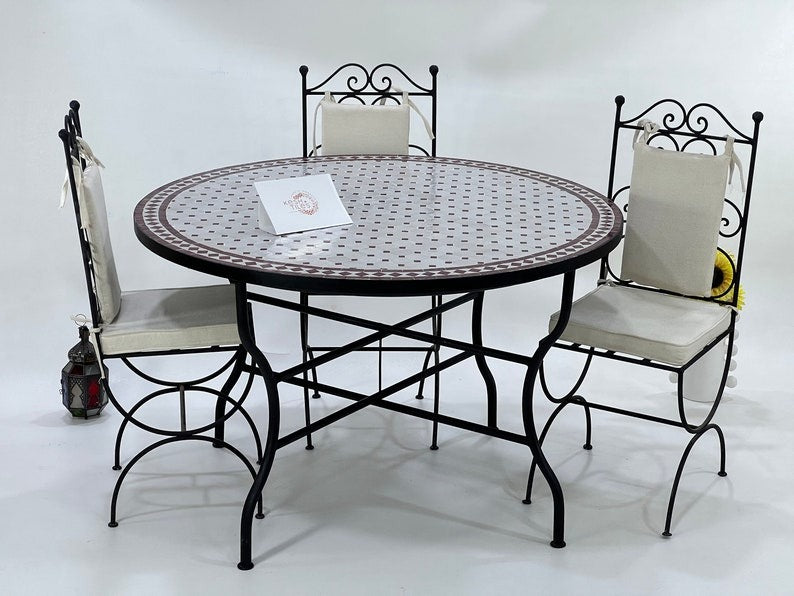 Meriem - Red and Off White Mosaic Table, Moroccan Zellij Handmade Round Table