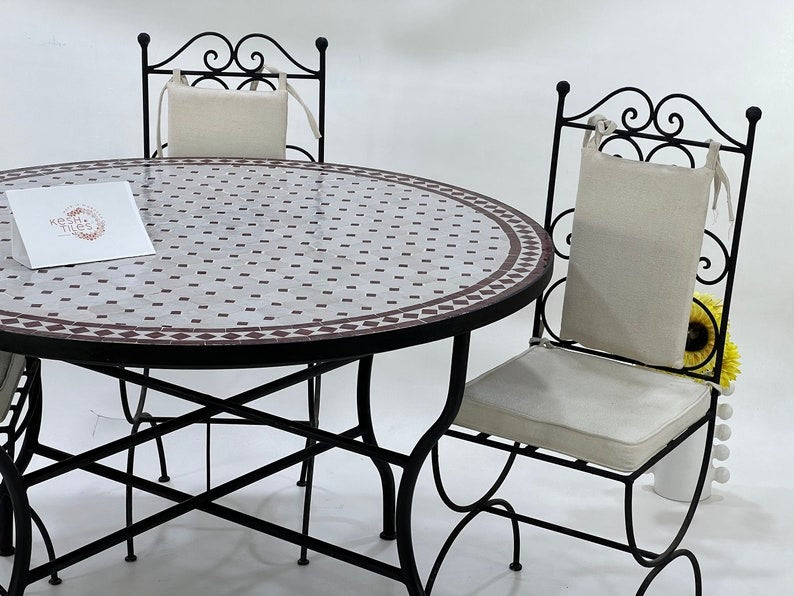 Meriem - Red and Off White Mosaic Table, Moroccan Zellij Handmade Round Table