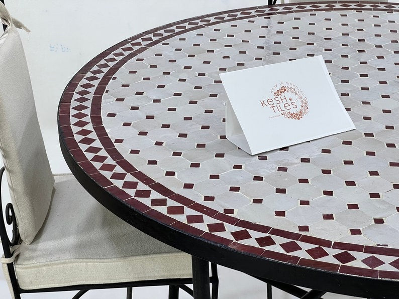 Meriem - Round Mosaic Table, White and red Moroccan Zellige Patio Table
