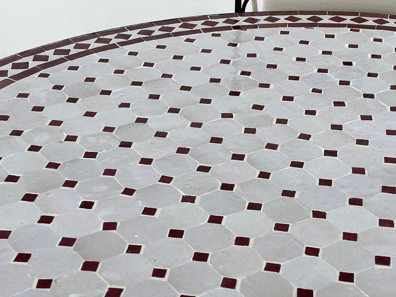 Meriem - Red and Off White Mosaic Table, Moroccan Zellij Handmade Round Table