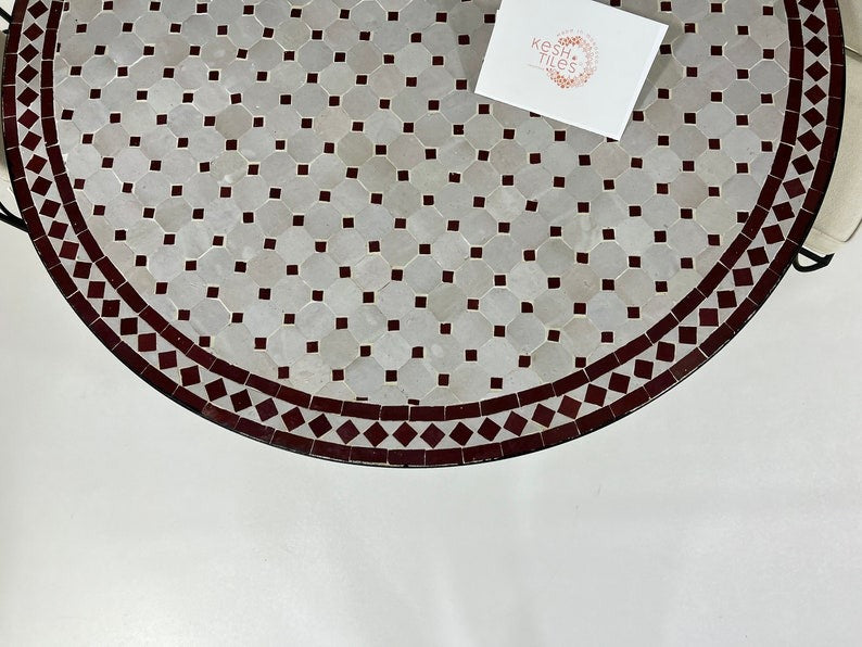 Meriem - Red and Off White Mosaic Table, Moroccan Zellij Handmade Round Table