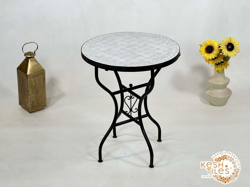 Tanmmirt - White Mosaic Table, Round Handmade Zellige Patio Table