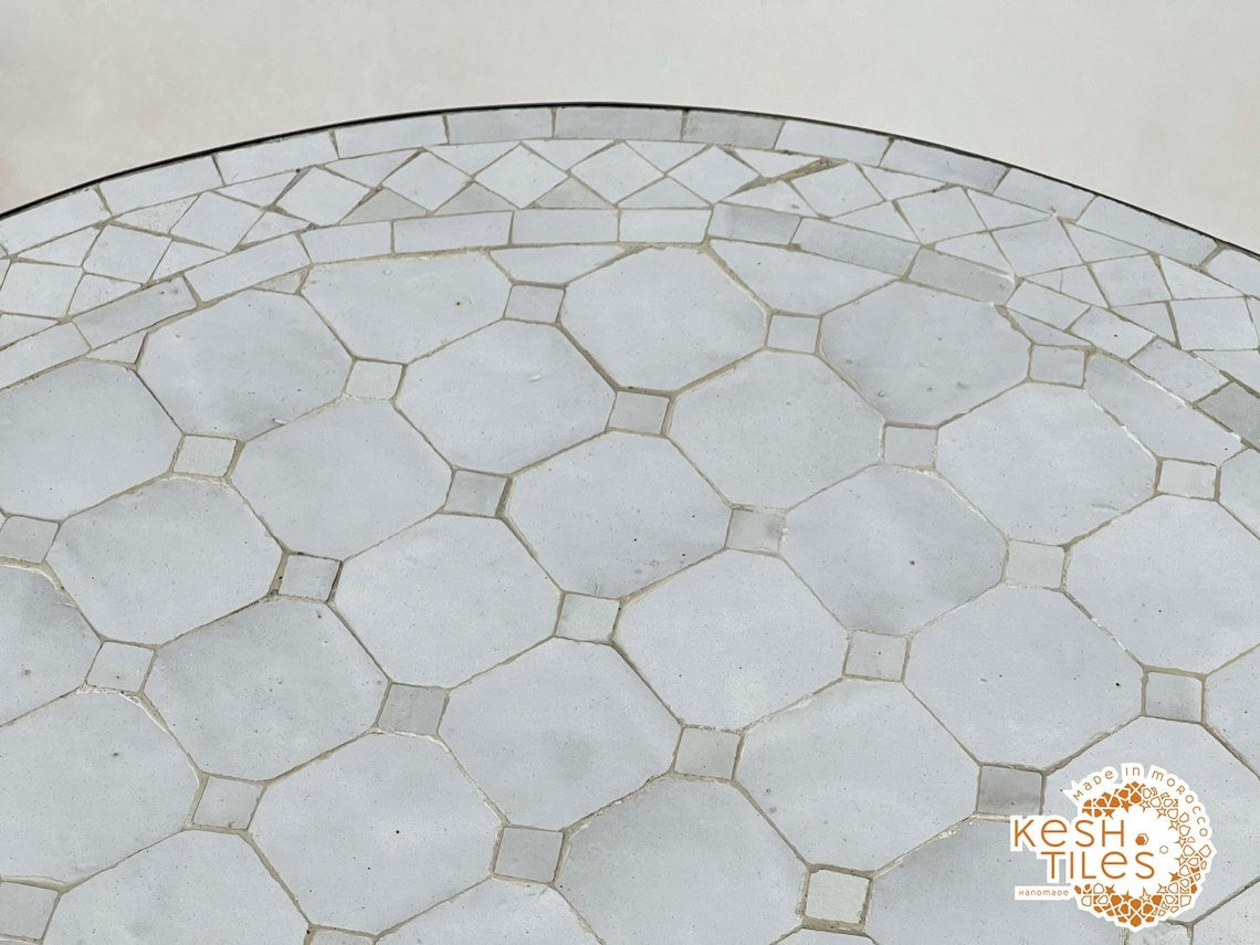 Tanmmirt - White Mosaic Table, Round Handmade Zellige Patio Table