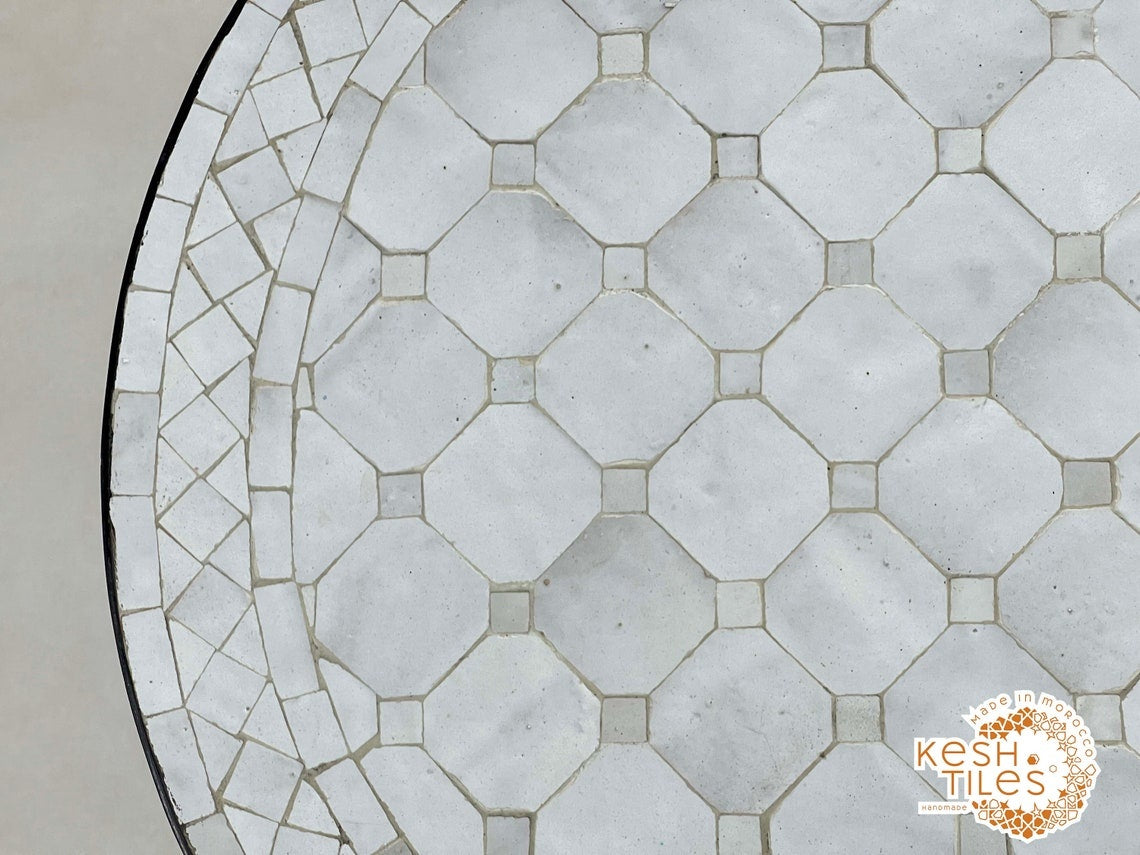 Tanmmirt - White Mosaic Table, Round Handmade Zellige Patio Table