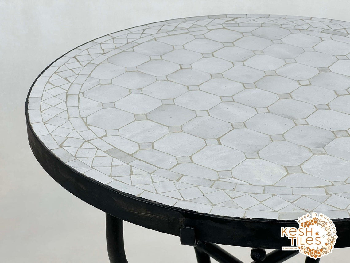 Tanmmirt - White Mosaic Table, Round Handmade Zellige Patio Table